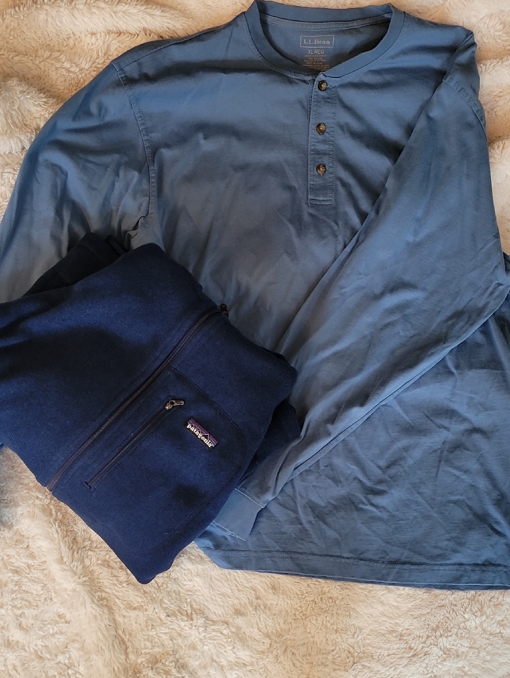 L.L. Bean Men's Light Blue Henley Top with Navy Sweatshirt